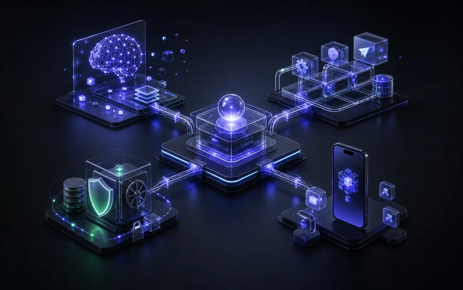 Four connected software solution streams representing AI integration, automation, privacy guardrails, and iOS delivery.
